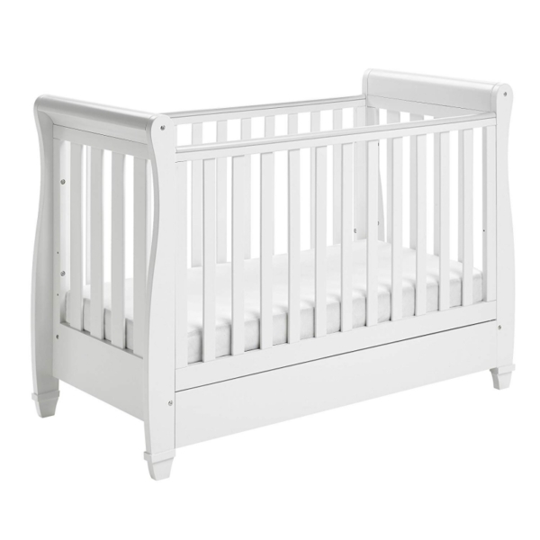 Babymore Eva Sleigh Cot Bed DROPSIDE with Drawer-White
