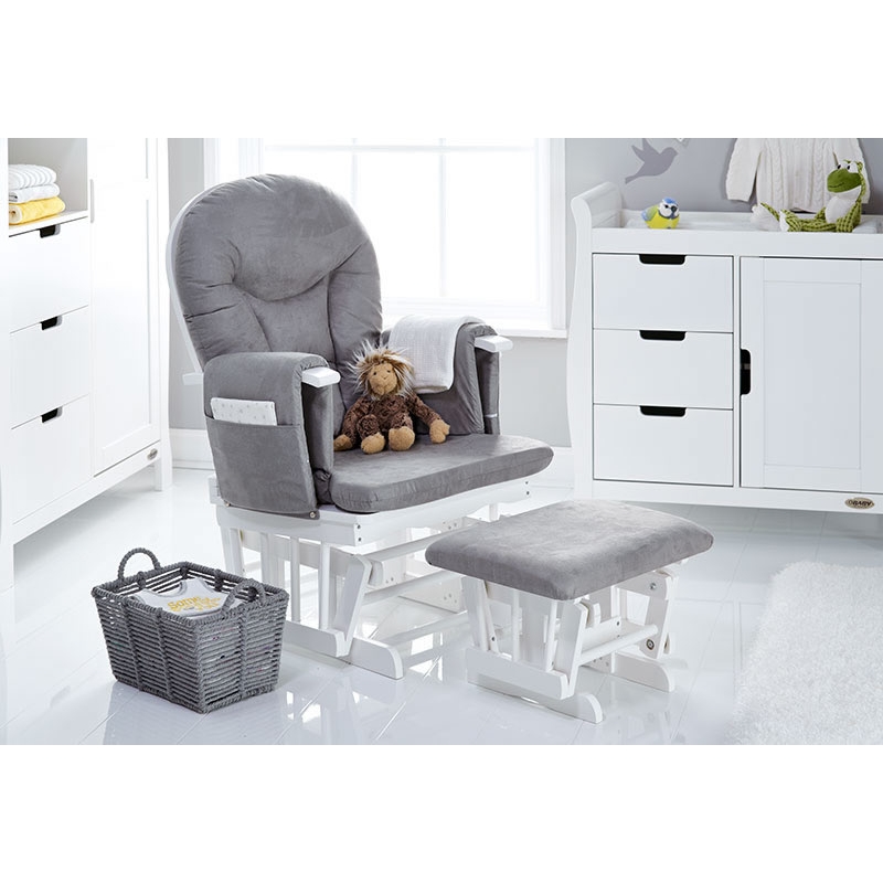 Obaby Reclining Glider Chair and Stool-White with Grey Cushion