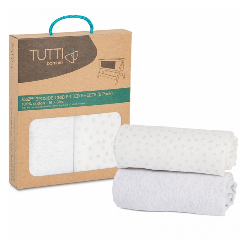 Tutti Bambini CoZee Bedside Crib Fitted Sheets 2 Pack-Grey/Cloud