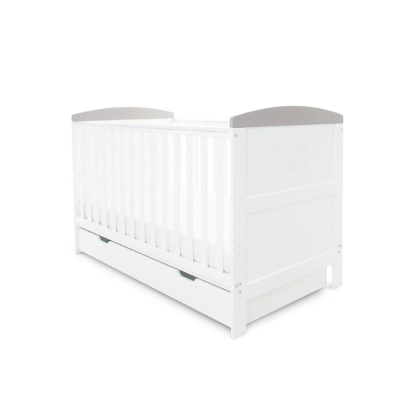 Babyhoot Coleby Cot Bed & Under Drawer-White with Grey Trim