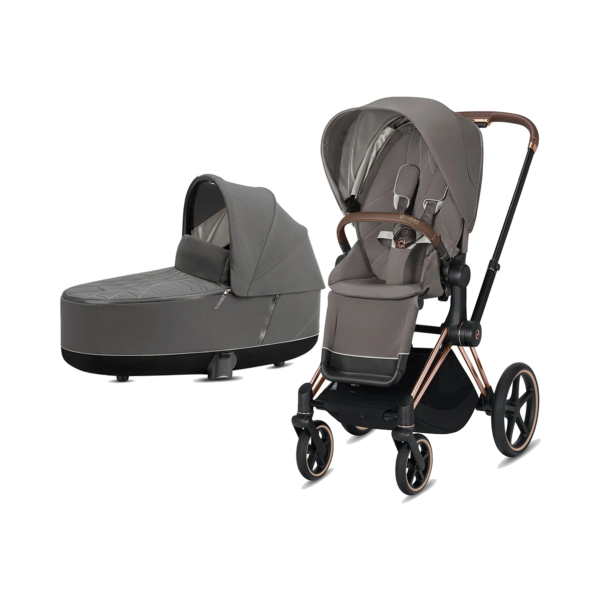 Cybex Priam Rose Gold Pushchair with Lux Carry Cot-Soho Grey/Bro