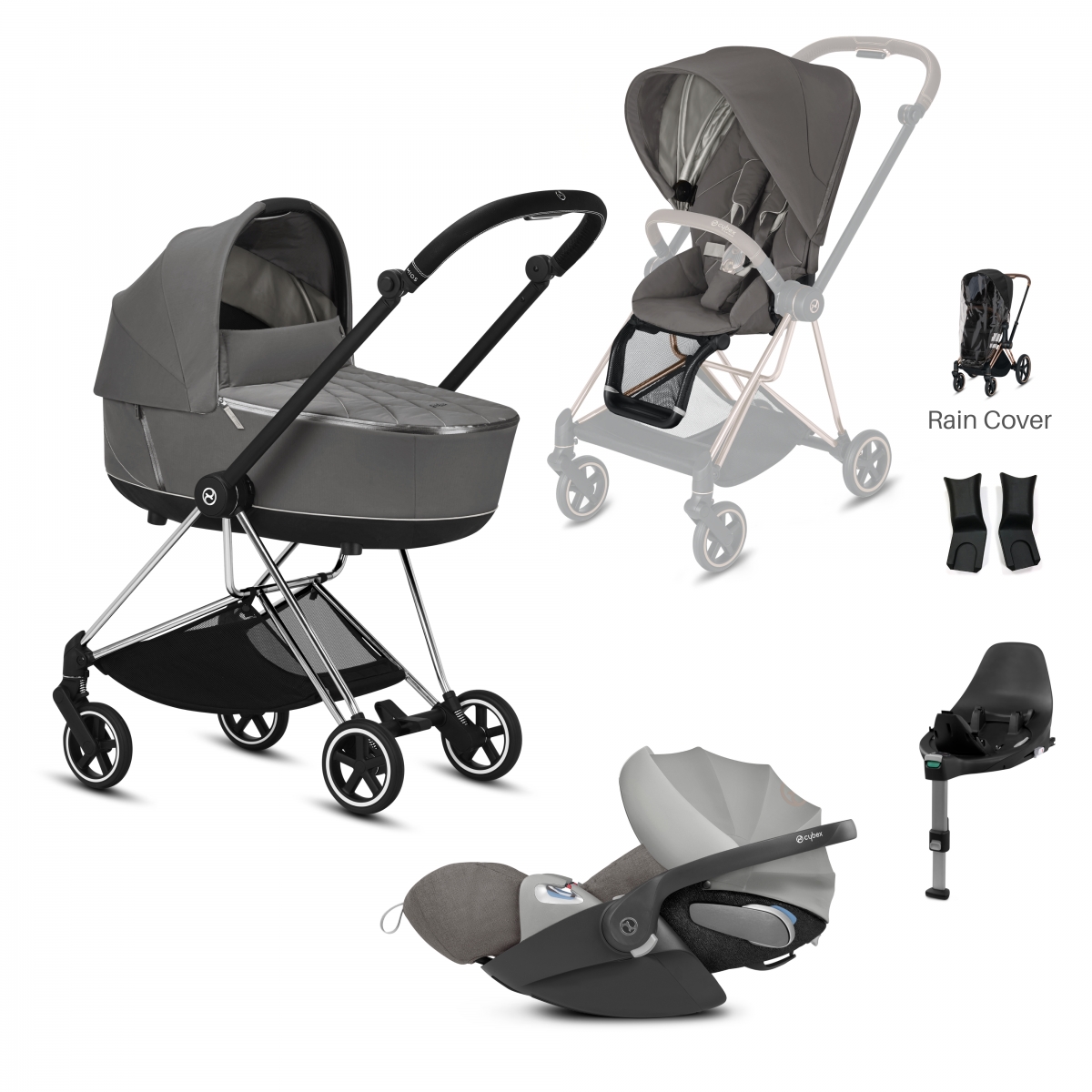Cybex Mios Chrome Pushchair with Lux Carry Cot & Cloud Z Car Sea