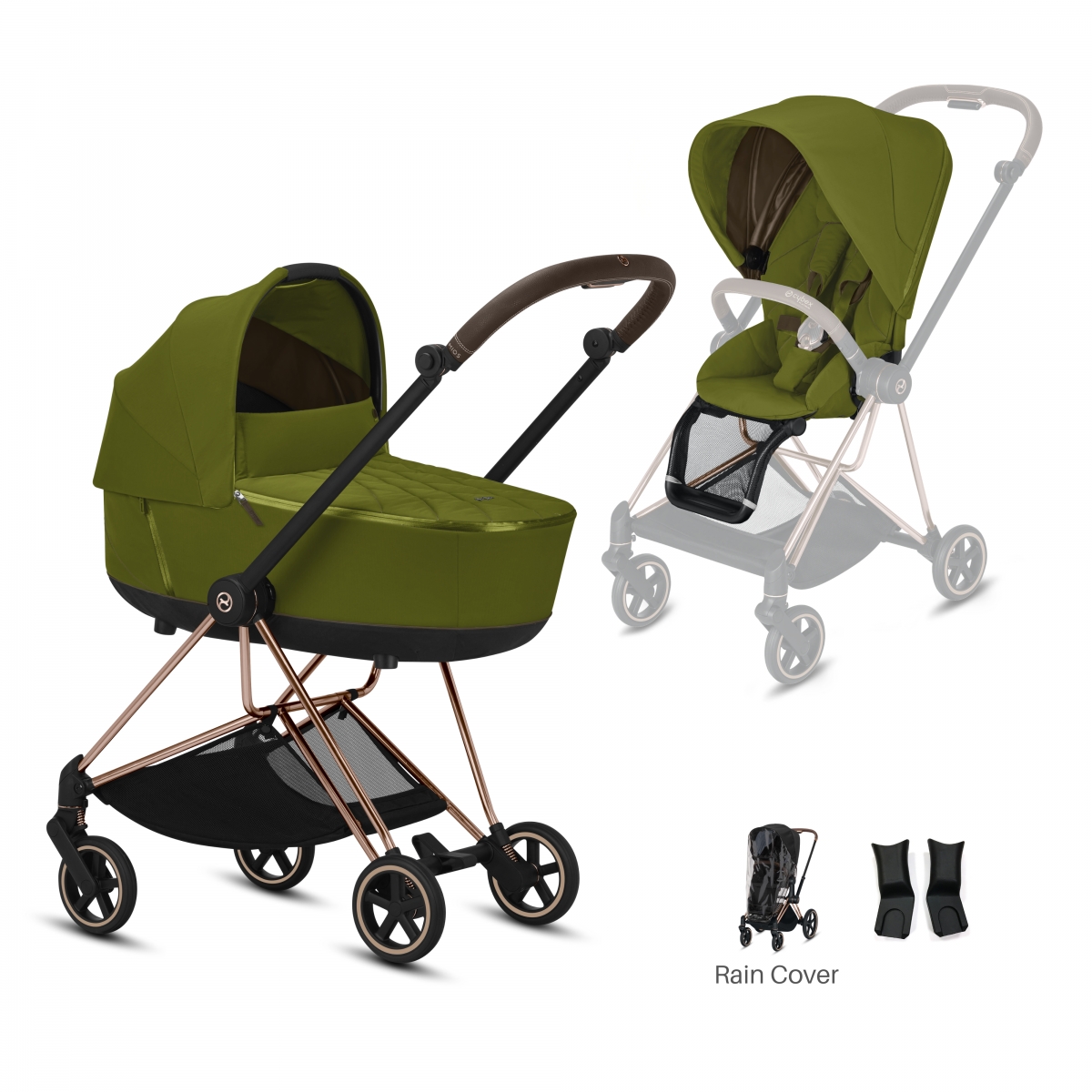 Cybex Mios Rose Gold Pushchair with Lux Carry Cot-Khaki Green/Br