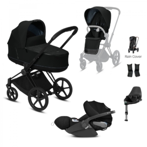 Cybex Priam Black Pushchair with Lux Carry Cot & Cloud Z Car Sea