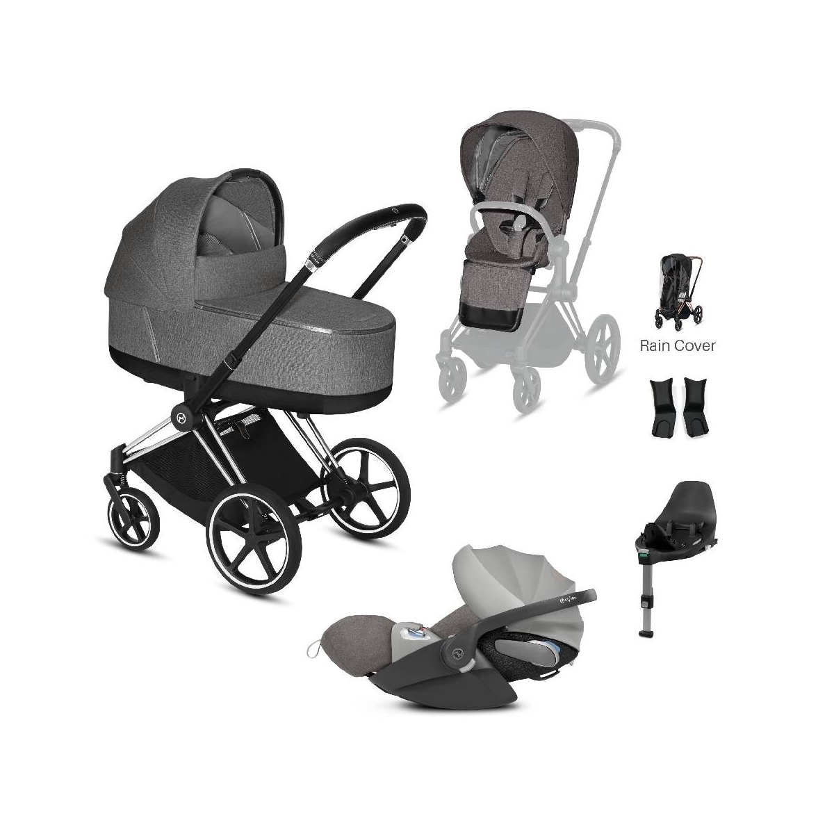 Cybex Priam Black Pushchair with Lux Carry Cot & Cloud Z Car Sea
