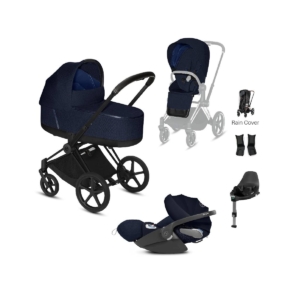 Cybex Priam Black Pushchair with Lux Carry Cot & Cloud Z Car Sea