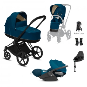 Cybex Priam Black Pushchair with Lux Carry Cot & Cloud Z Car Sea
