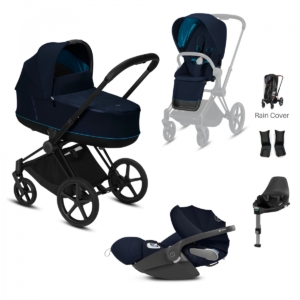 Cybex Priam Black Pushchair with Lux Carry Cot & Cloud Z Car Sea