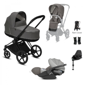 Cybex Priam Black Pushchair with Lux Carry Cot & Cloud Z Car Sea