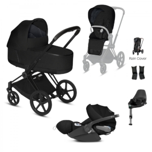 Cybex Priam Black Pushchair with Lux Carry Cot & Cloud Z Car Sea