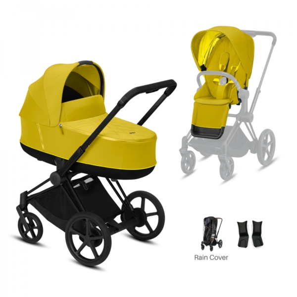 Cybex Priam Black Pushchair with Lux Carry Cot-Mustard Yellow (2