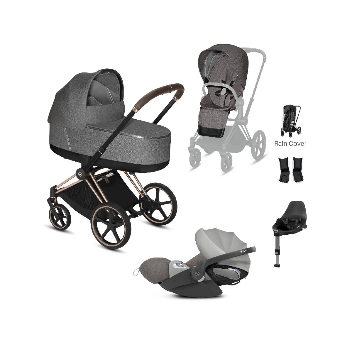 Cybex Priam Rose Gold Pushchair with Lux Carry Cot & Cloud Z Car