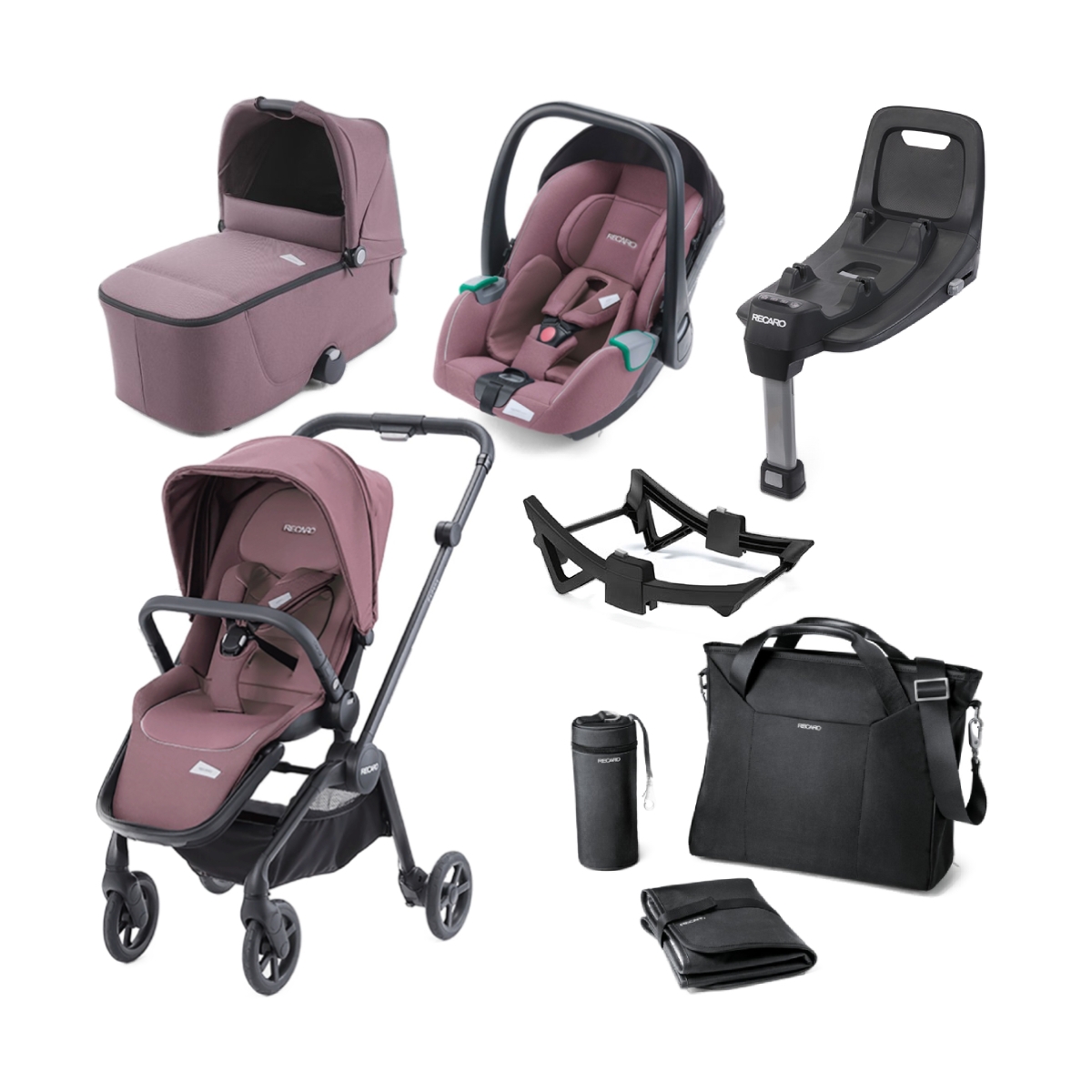 Recaro Sadena 8 Piece Travel System BundleBlack/Rose (NEW 2021