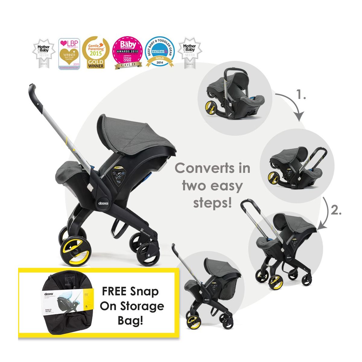 Doona Infant Car Seat StrollerStorm Grey + FREE Snapon Storage