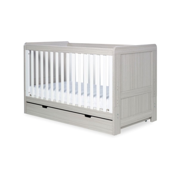 Ickle Bubba Pembrey Cot Bed and Under Drawer-Ash Grey & White Tr