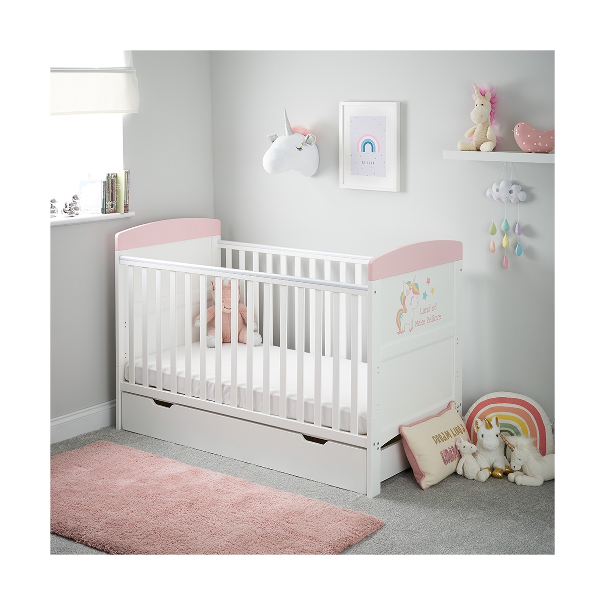 Obaby Grace Inspire Cot Bed & Under Drawer-Unicorn