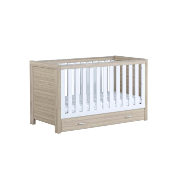 Babymore Luno Cot Bed with Under Drawer-White Oak