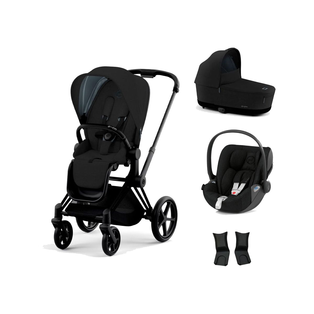 Cybex Priam Black Pushchair with Lux Carry Cot & Cloud Z Car Sea