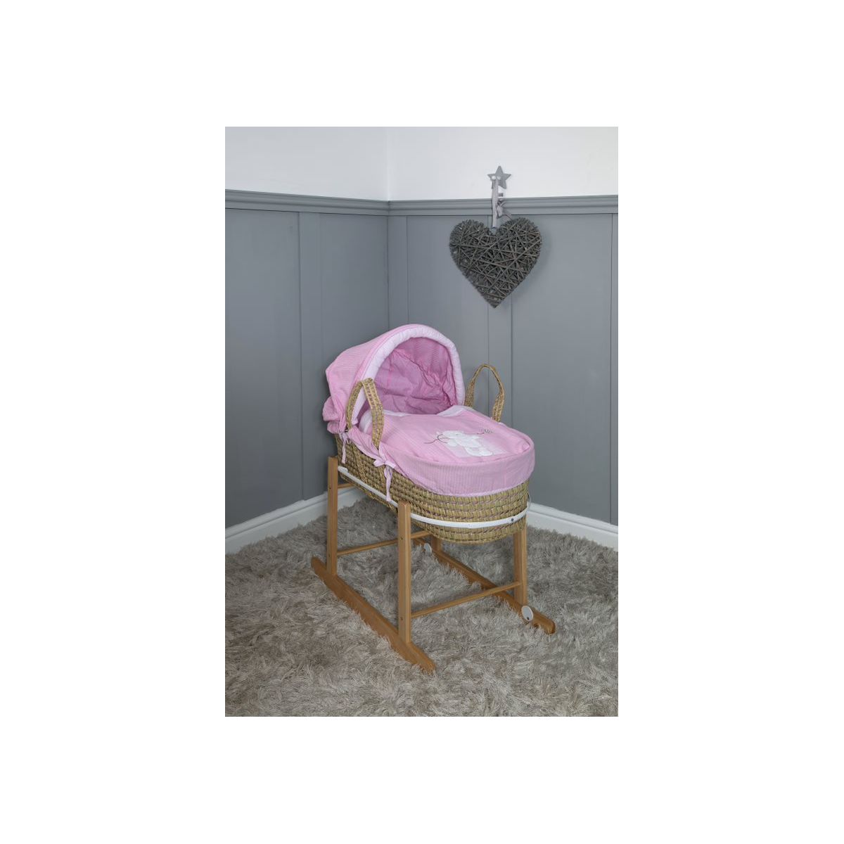 BABYMAM Luxury Wicker Moses Basket Full Set With Rocking Stand | Grey/Pink