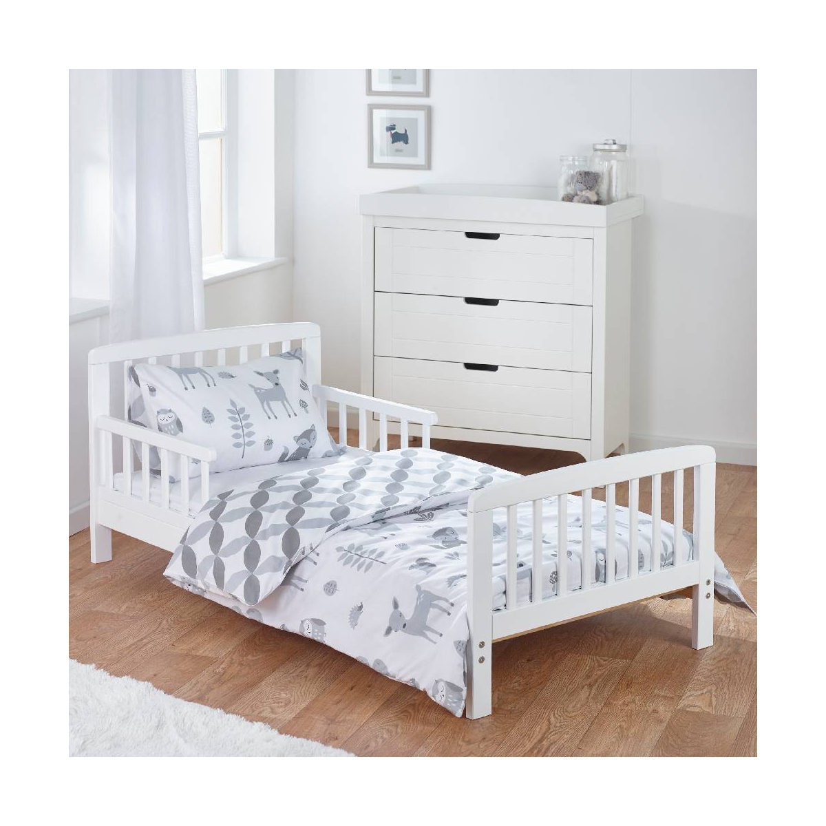 Kindervalley 7pc Toddler Bed White BundleWoodland Tales Everything Baby
