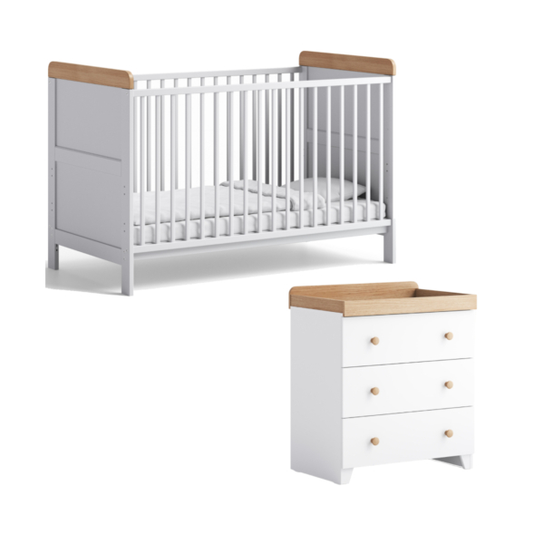 Aya Neo 2 Piece Cot Bed & Dresser Roomset - White/Oak